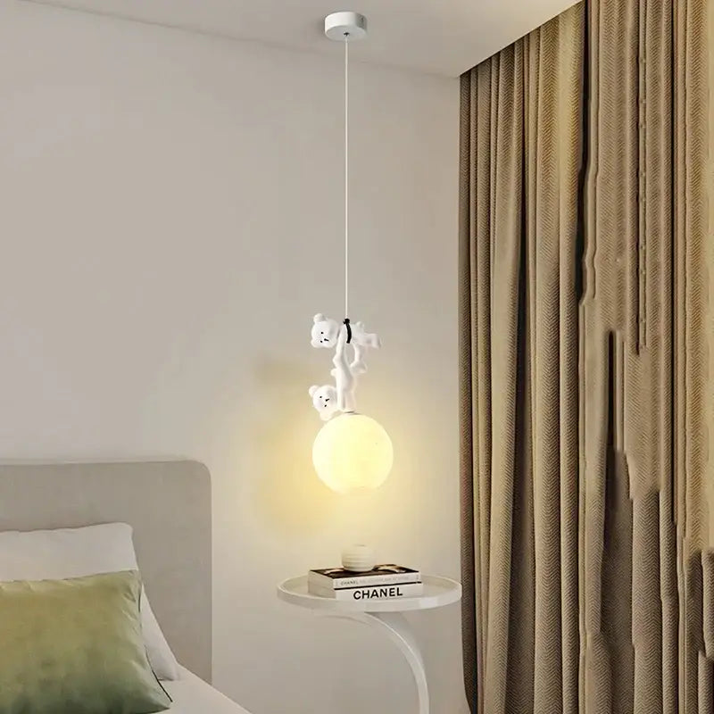 White plush bear moon pendant lamp for nursery room