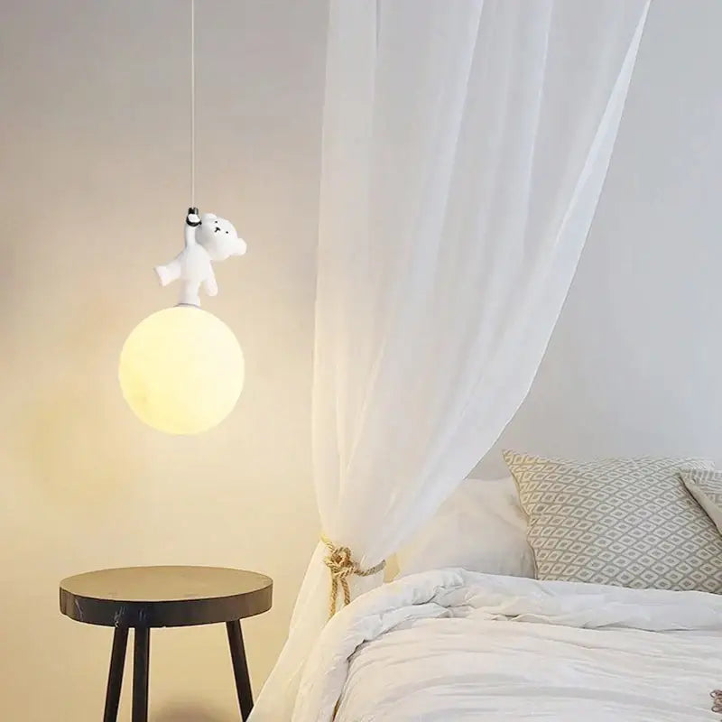 White plush bear moon pendant lamp for nursery room