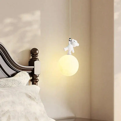 White plush bear moon pendant lamp for nursery room