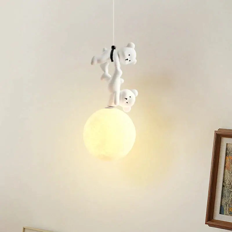 White plush bear moon pendant lamp for nursery room