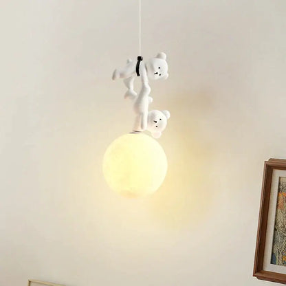 White plush bear moon pendant lamp for nursery room