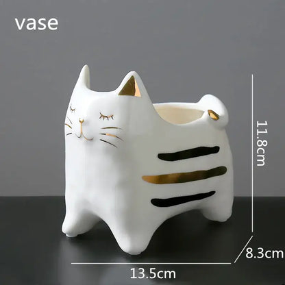 White porcelain cat vase with gold trim living room decor ornament
