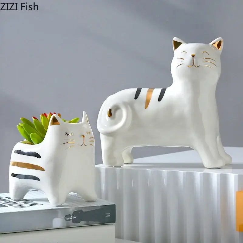 White porcelain cat vase with gold trim living room decor ornament