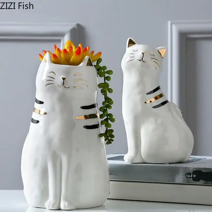 White porcelain cat vase with gold trim living room decor ornament