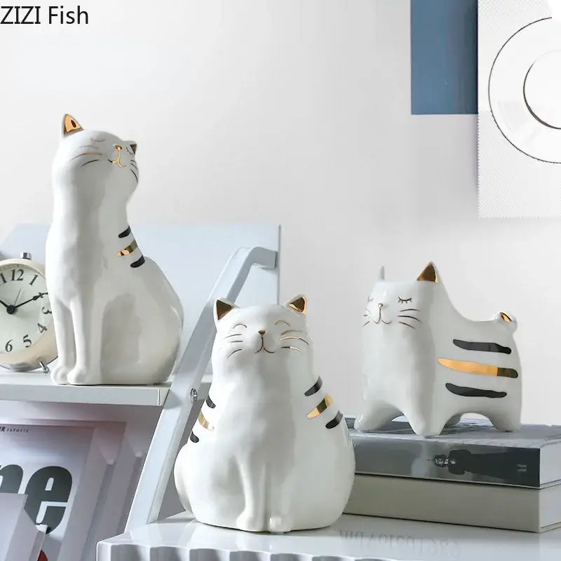 White porcelain cat vase with gold trim living room decor ornament