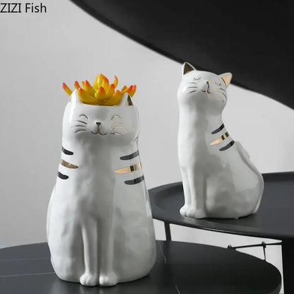 White porcelain cat vase with gold trim living room decor ornament