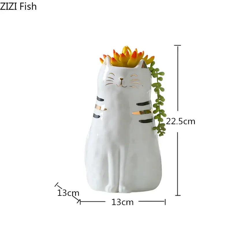 White porcelain cat vase with gold trim living room decor ornament
