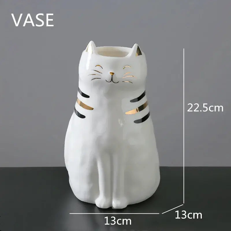 White porcelain cat vase with gold trim living room decor ornament