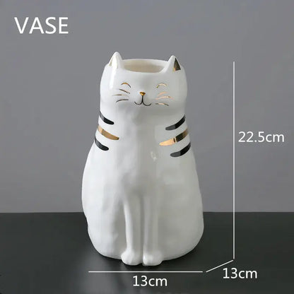 White porcelain cat vase with gold trim living room decor ornament