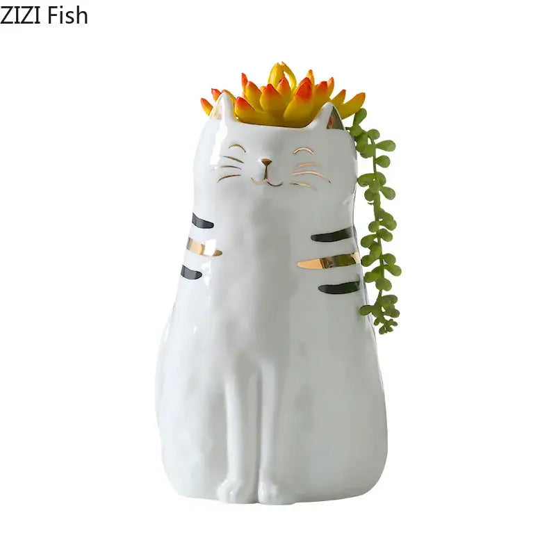 White porcelain cat vase with gold trim living room decor ornament