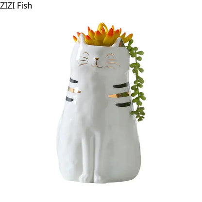 White porcelain cat vase with gold trim living room decor ornament