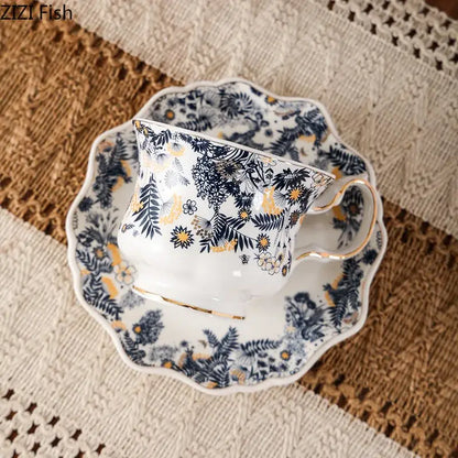 White porcelain classic blue & gold tea cup set dining room scalloped