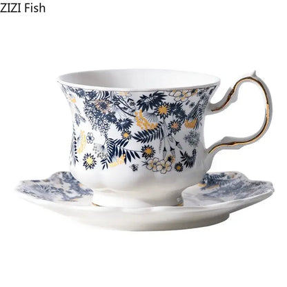 White porcelain classic blue & gold tea cup set dining room scalloped