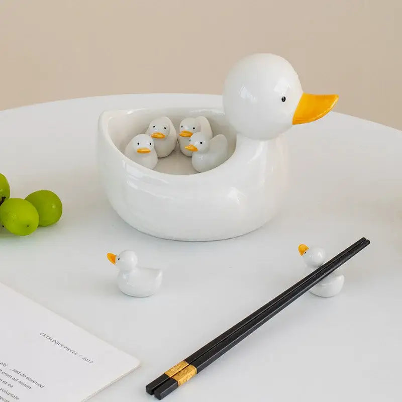 White porcelain duck chopstick holder tray dining room ceramic dish