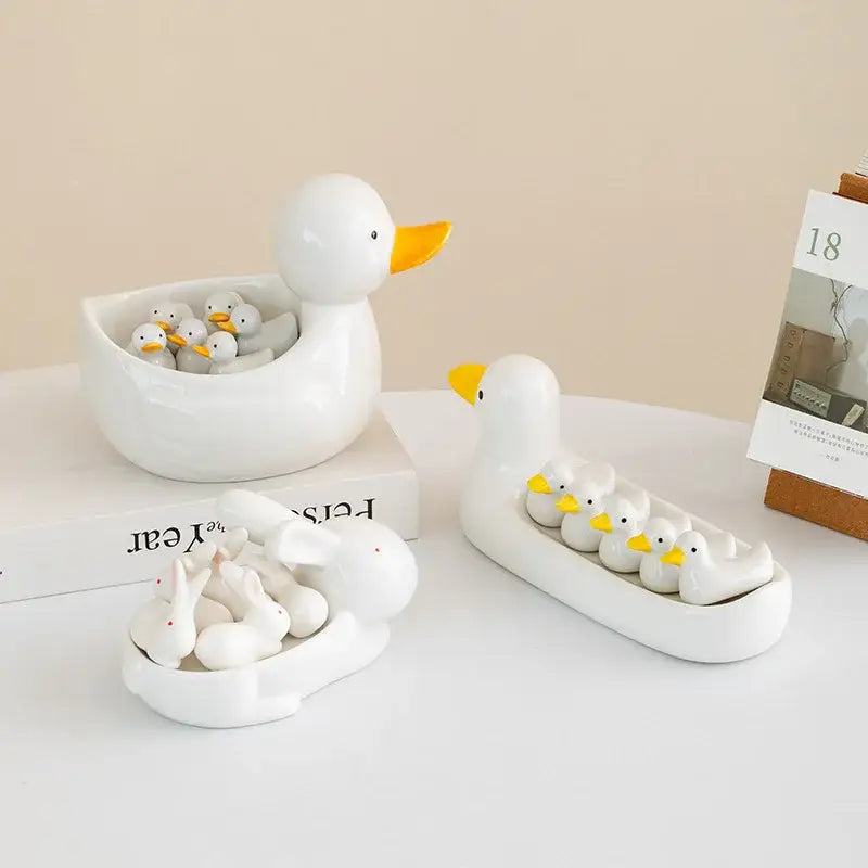 White porcelain duck chopstick holder tray dining room ceramic dish
