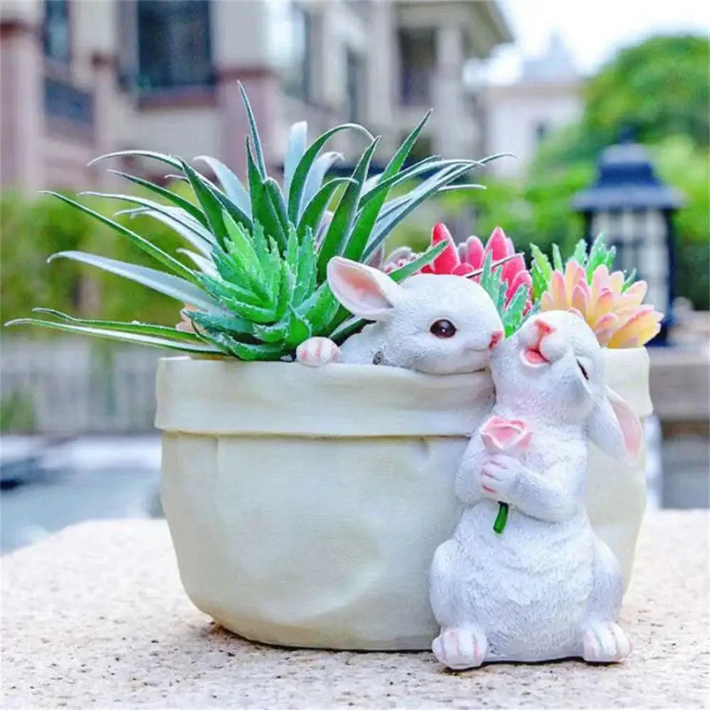 White resin bunny succulent planter pot garden rabbit decor
