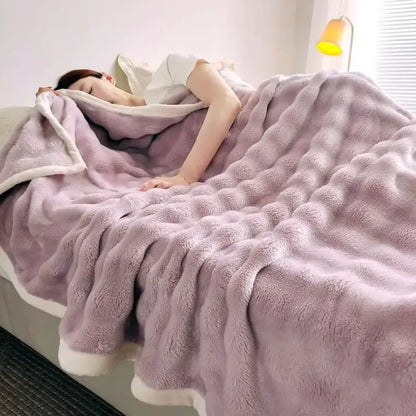 White ribbed bubble velvet blanket bedroom plush knitted throw