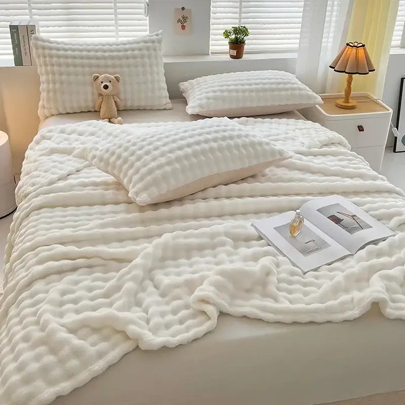 White ribbed bubble velvet blanket bedroom plush knitted throw