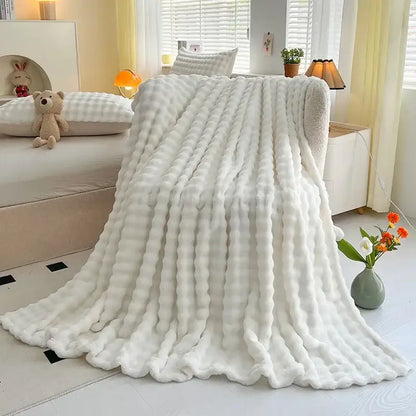 White ribbed bubble velvet blanket bedroom plush knitted throw