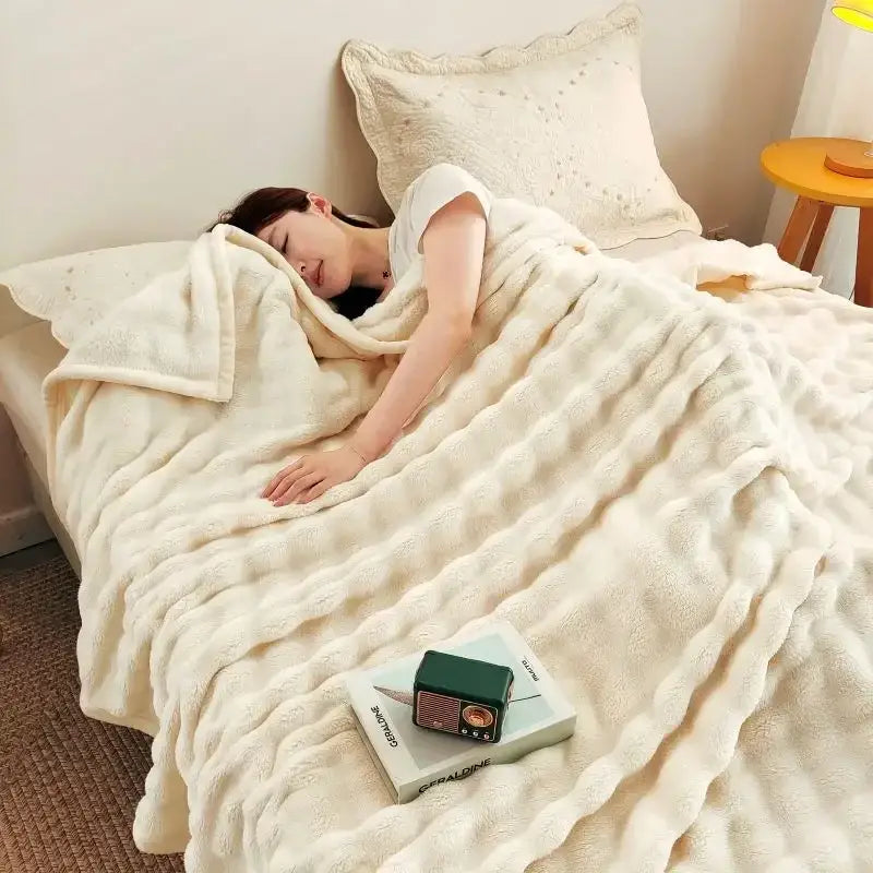 White ribbed bubble velvet blanket bedroom plush knitted throw