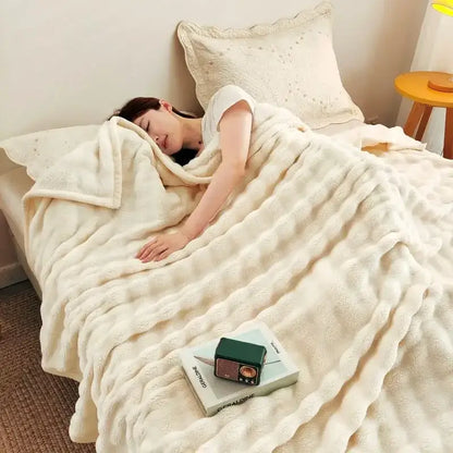White ribbed bubble velvet blanket bedroom plush knitted throw