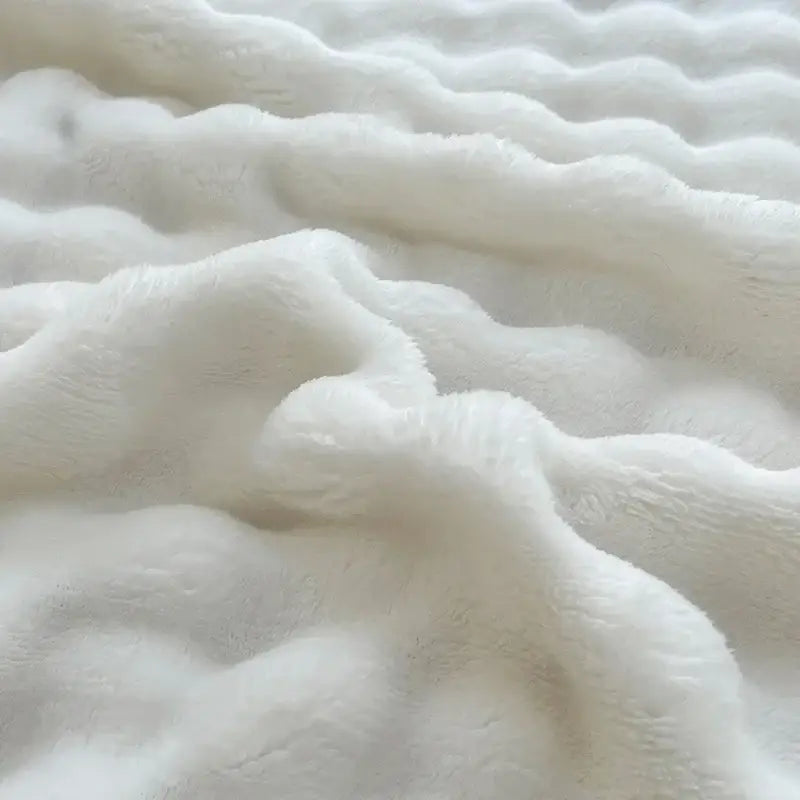 White ribbed bubble velvet blanket bedroom plush knitted throw