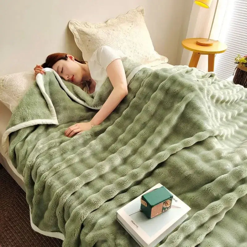 White ribbed bubble velvet blanket bedroom plush knitted throw