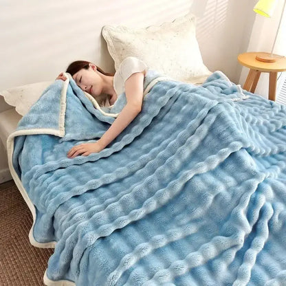 White ribbed bubble velvet blanket bedroom plush knitted throw