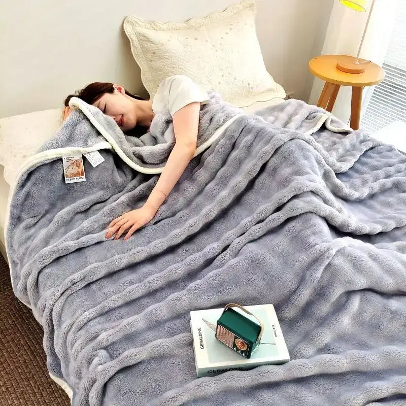 White ribbed bubble velvet blanket bedroom plush knitted throw