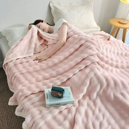 White ribbed bubble velvet blanket bedroom plush knitted throw