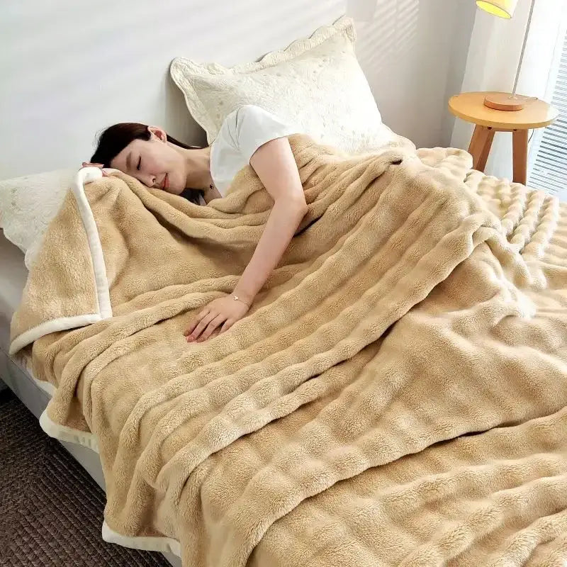 White ribbed bubble velvet blanket bedroom plush knitted throw