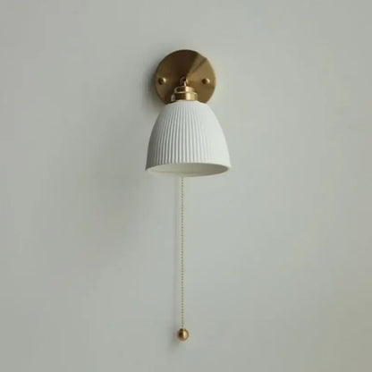 White ribbed ceramic led wall sconce bedroom pull chain light