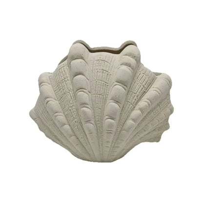 White ridged ceramic clam shell vase living room decor