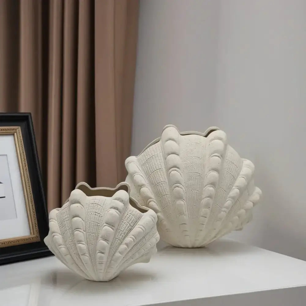 White ridged ceramic clam shell vase living room decor