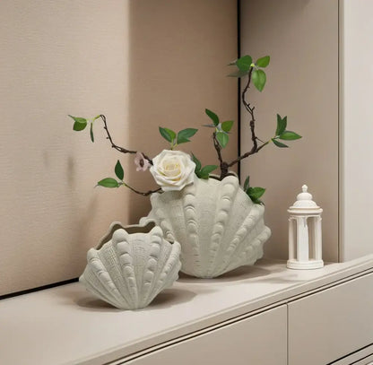 White ridged ceramic clam shell vase living room decor