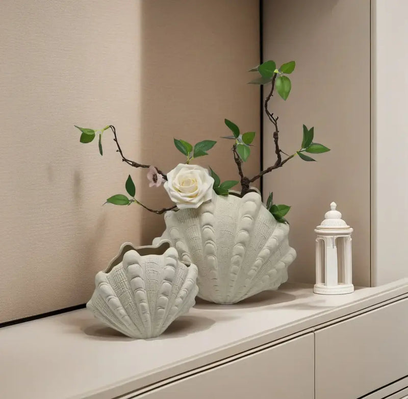 White ridged ceramic clam shell vase living room decor