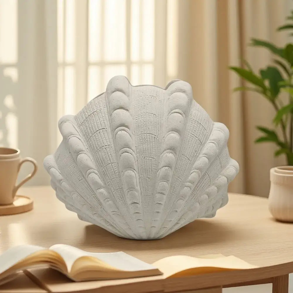 White ridged ceramic clam shell vase living room decor