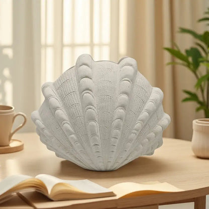White ridged ceramic clam shell vase living room decor