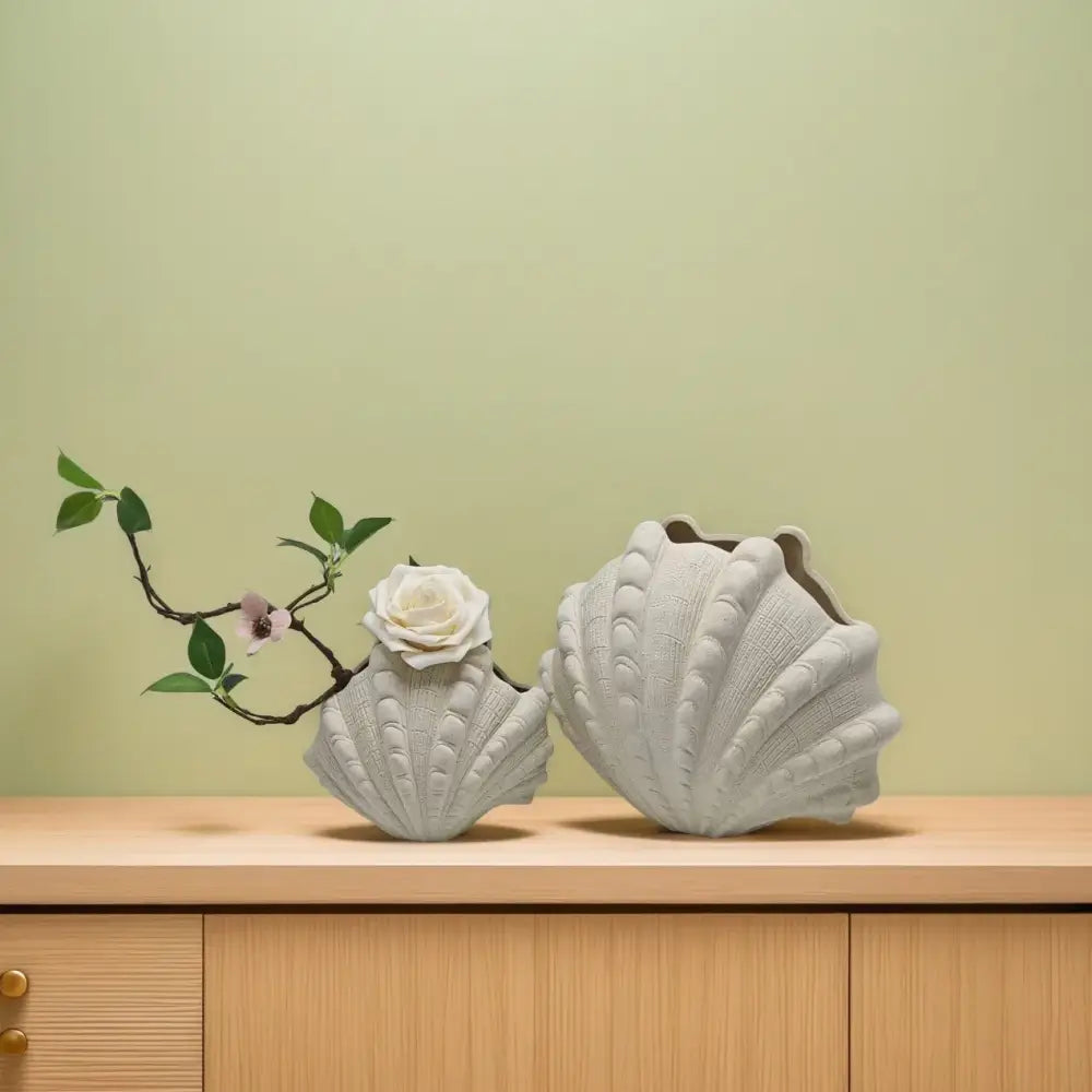 White ridged ceramic clam shell vase living room decor