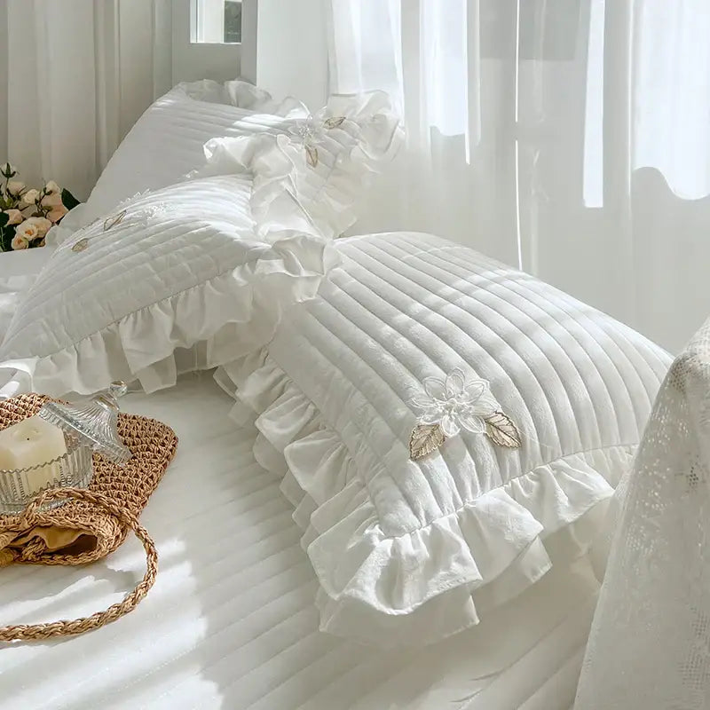 White ruffled quilted bedspread coverlet bedroom lace embroidery