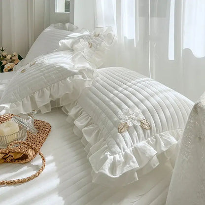 White ruffled quilted bedspread coverlet bedroom lace embroidery