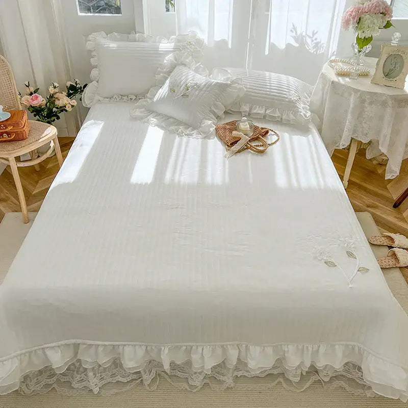 White ruffled quilted bedspread coverlet bedroom lace embroidery