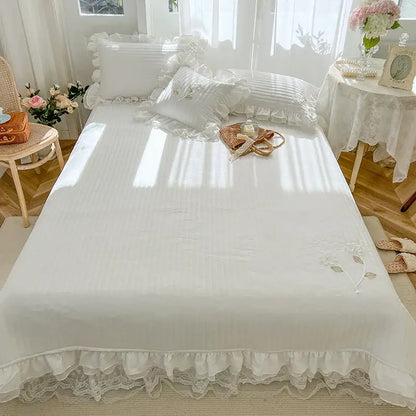 White ruffled quilted bedspread coverlet bedroom lace embroidery