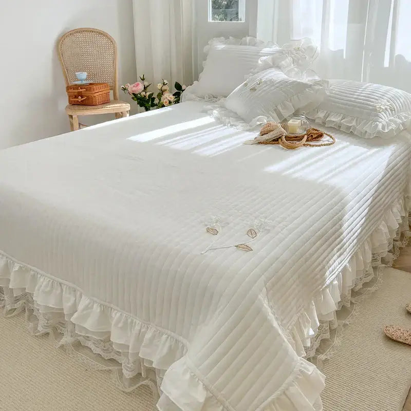 White ruffled quilted bedspread coverlet bedroom lace embroidery