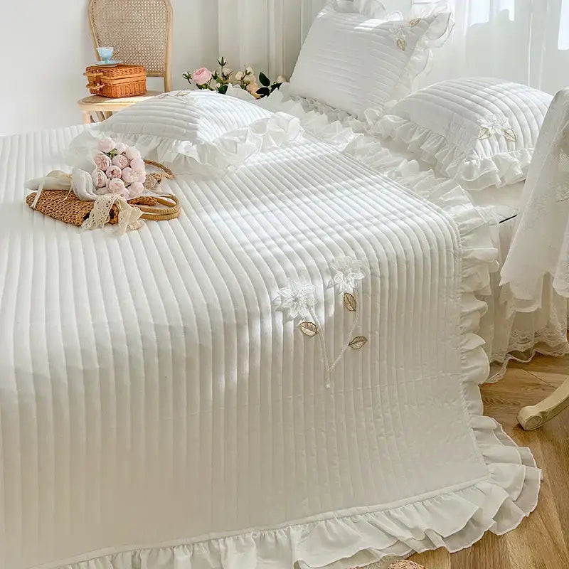 White ruffled quilted bedspread coverlet bedroom lace embroidery