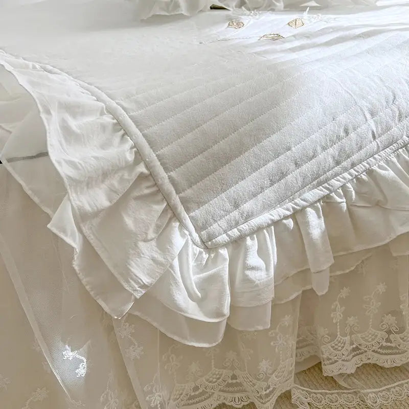 White ruffled quilted bedspread coverlet bedroom lace embroidery
