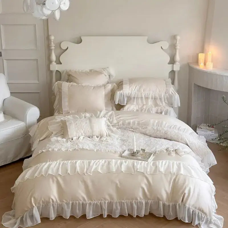 White satin french lace ruffles bedding set for bedroom