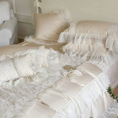 White satin french lace ruffles bedding set for bedroom