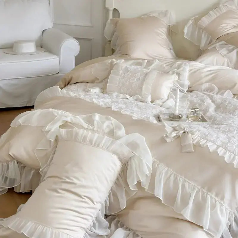 White satin french lace ruffles bedding set for bedroom