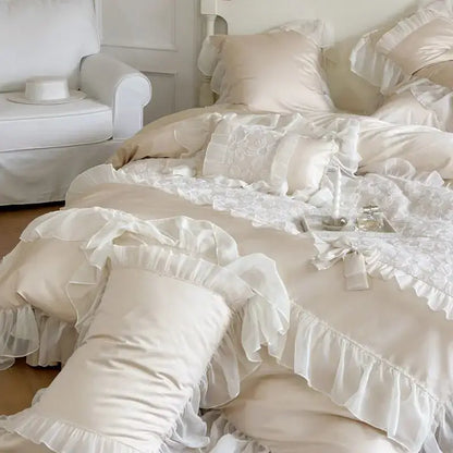 White satin french lace ruffles bedding set for bedroom